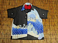 Japanese Antique Silk Kimono Aloha Shirt Mens XL Vintage Japanese Pattern Navy