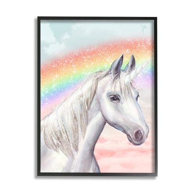 White Unicorn Under Sparkle Rainbow Cloudy Sky, Designed by Ziwei Li Black Fr...