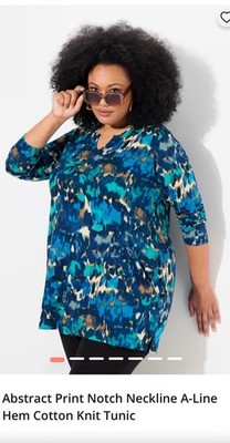 Ulla Popken Abstract Print Notch Neckline, A-line Hem Size 36-38 Cotton Tunic
