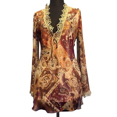 Cache Gold Silk Shimmer Lined Embellished Peasant Boho Lace Up Top New $138 NWT