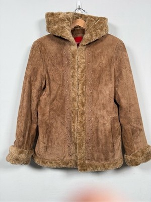 Esprit 100% Leather Jacket, Hook and Eye Closure, Faux Fur Detail, Size L