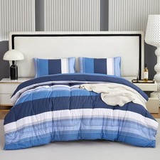 Navy Blue Full Comforter Set, Striped Full Size Bedding Sets, Blue White
