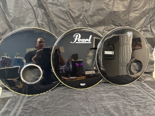 Group of 3 bass drumheads: 22" ebony resonant: Pearl, Evans
