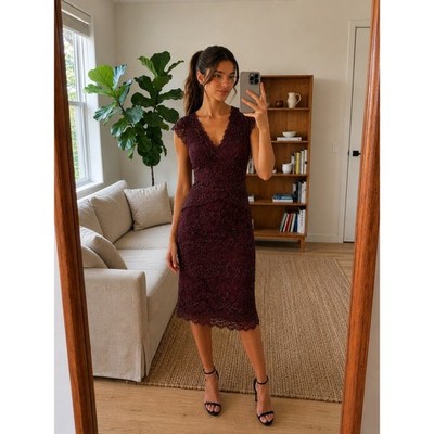 Cache Lace Beaded Midi Dress Size 8 Burgundy Party Cocktail Romantic Formal Glam