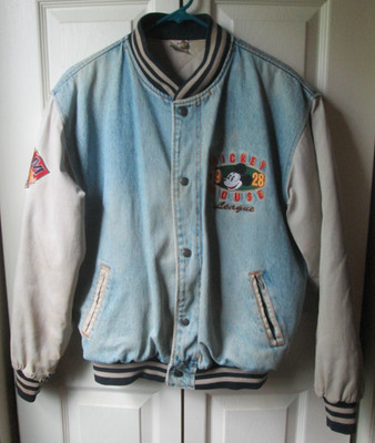 Vintage Disney Mickey Mouse League 1928 Bomber Jacket Denim Varsity Some Issues