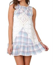 Umgee Plaid Sleeveless Lace Dress Blue