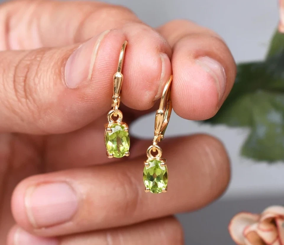 Gold Plating Green Peridot Lever Back Earrings 925 Sterling Silver Drop Earrings - Image 3 of 4