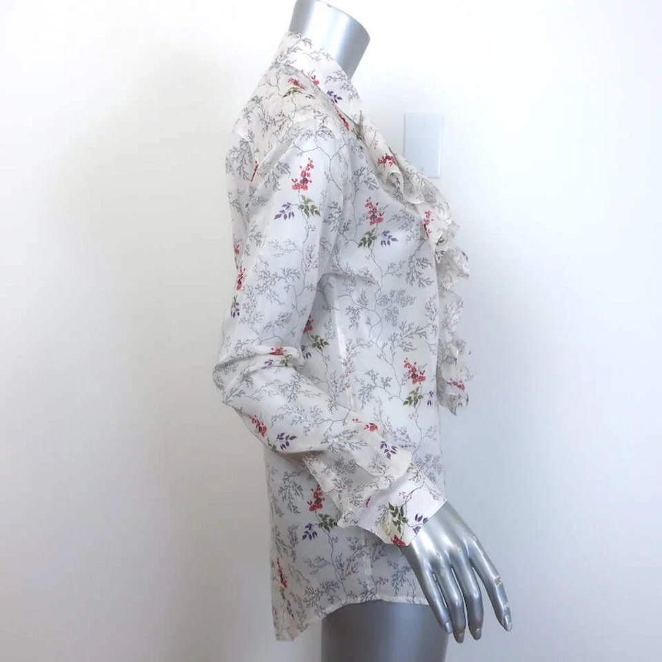 Blusa Saint Laurent con Volantes Blanca Estampado Floral Algodón Talla 34 Camisa con Botones Foto 4 de 4