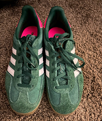 adidas Women's Suede Low Top Lace-Up Sneakers Green/White/Pink 3-Stripes