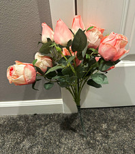 Artificial Pink Rose Bundle Bouquet with Green Leaves, Plastic Faux Flowers