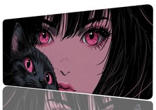 Anime Girl Gaming Large Mouse Pad, Manga Pink Eyes Cute Cat Large Gaming Mous...