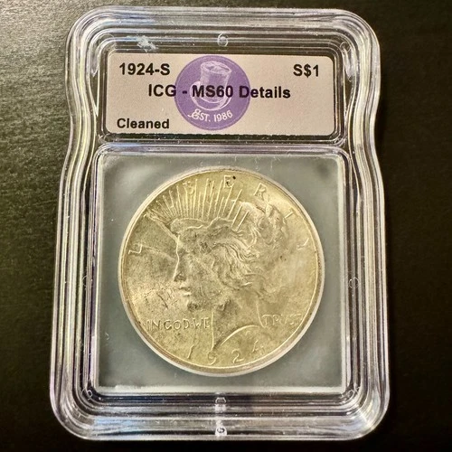 1924 San Francisco Peace Dollar ICG MS60 Details 90% Silver Coin