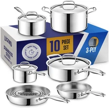 3 Ply Stainless Steel Pots and Pans Set 10-Piece Induction, Non-Toxic, Oven Safe