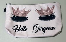 Image of Hello Gorgeous Makeup CosmeticBag Zipper Pouch Eyelashes Tiara Blush Pink NWOT