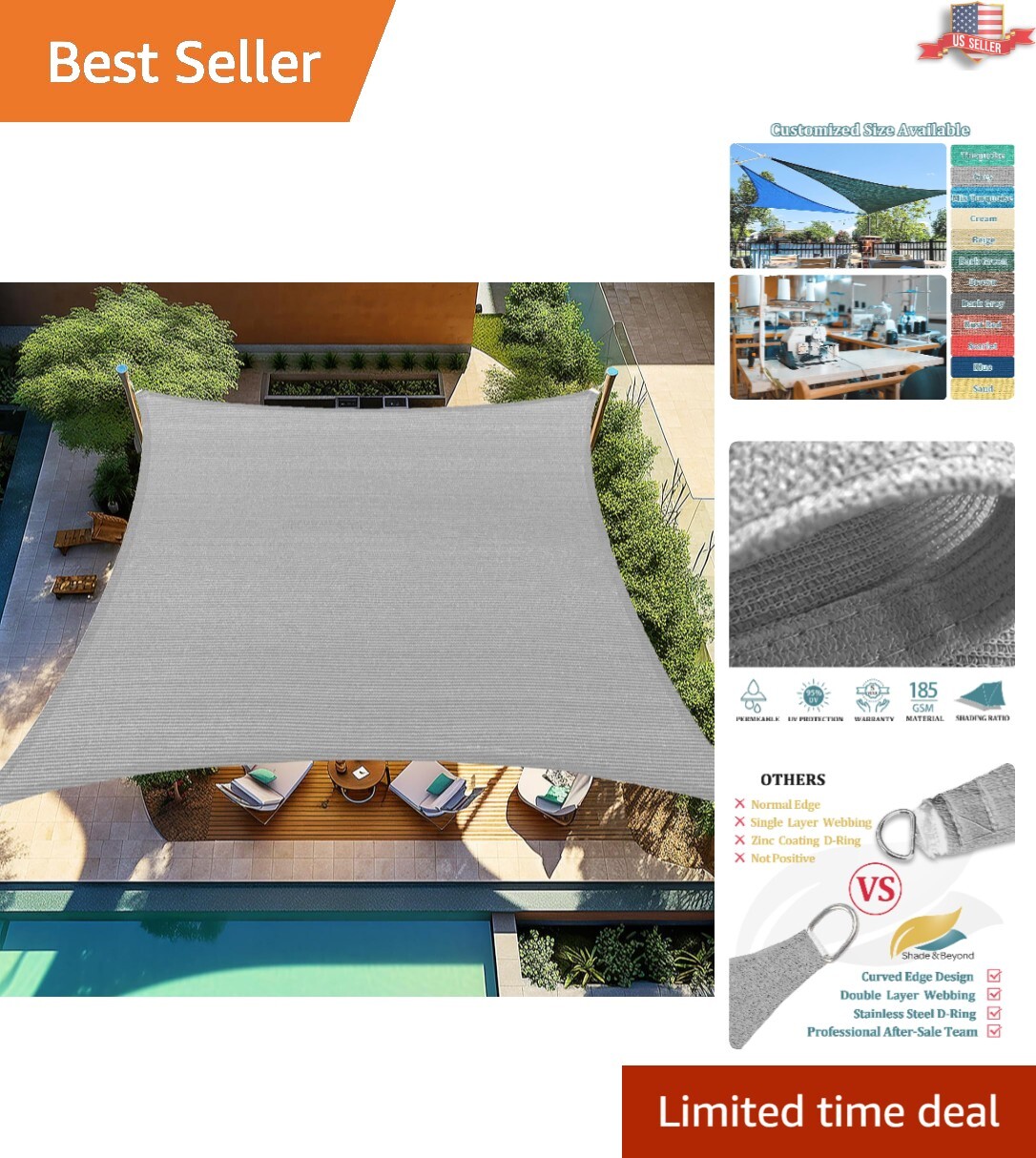 Breathable Light Grey 12' x 16' Shade Sail - Ideal for Decks
