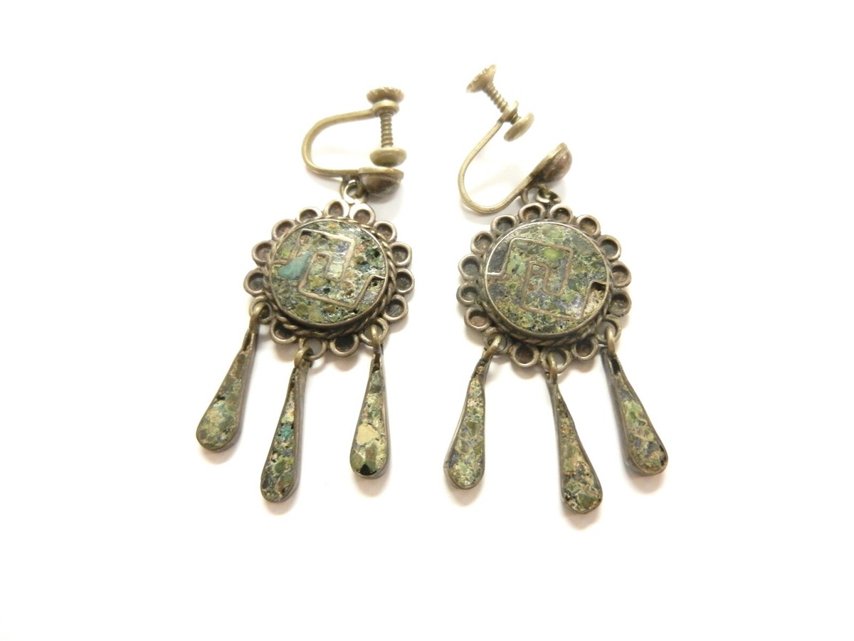 Mexico Silver 925 Earrings EVM Dangle Native Indian Screw Back 