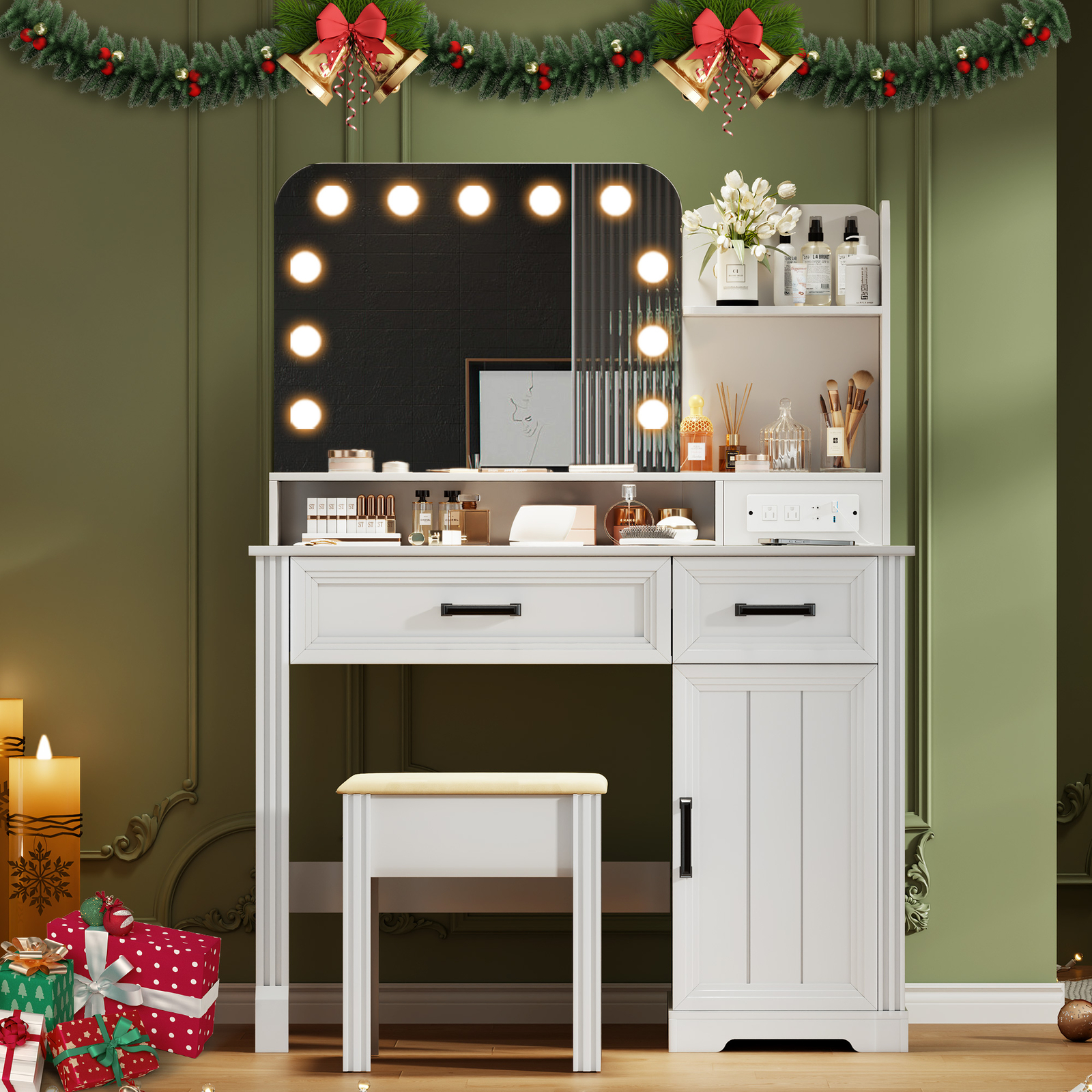 Vanity Desk with LED Mirror Charging Station and Stool for Makeup