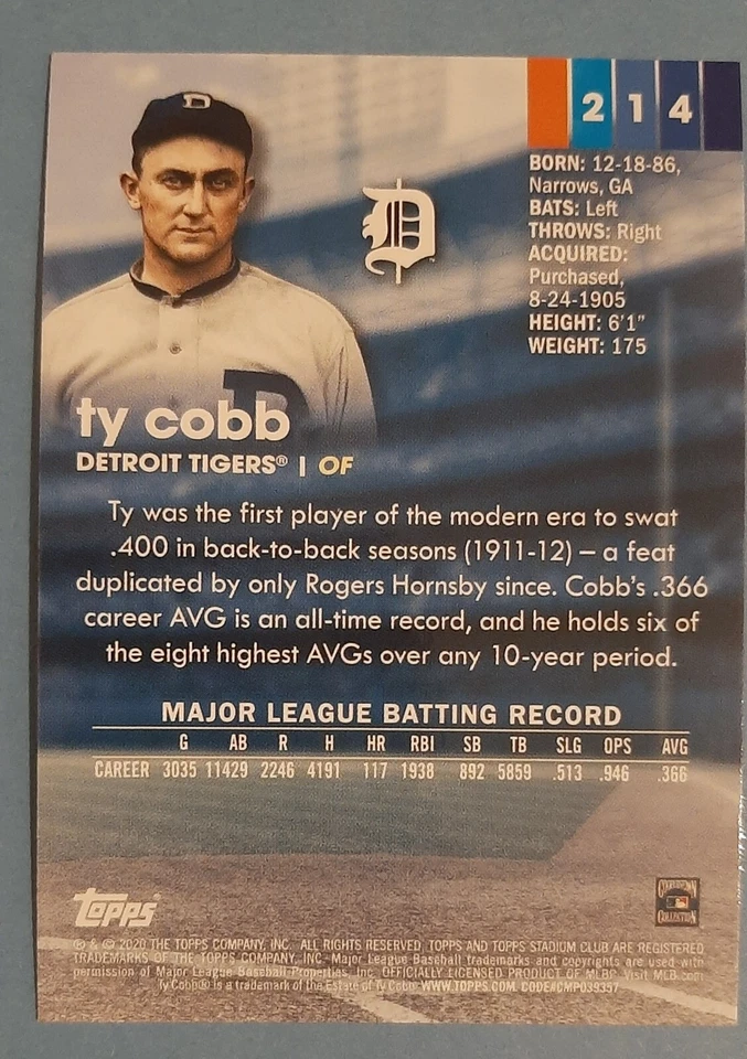 2020 Topps Stadium Club Ty Cobb Base Card Tigers #214 - Image 2 of 2
