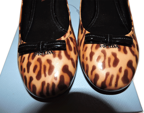 Prada Pumps Leopard Low Heel Leopard Patent Leather Bow Gold Logo Shoe 38 Animal - Picture 4 of 7