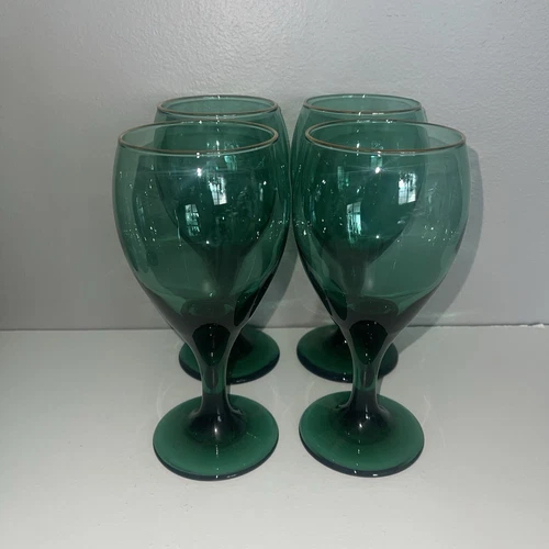 VTG Libbey Juniper Green Water Wine Goblets Set of 4 Glass Teardrop Gold Rim