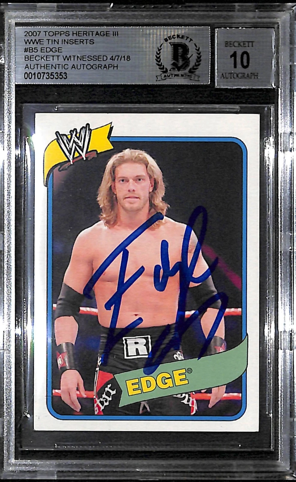 Edge Signed 2007 Topps Heritage III WWE Tin Inserts Card #B5 BAS COA Gem Mint 10