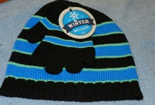 Small boy's Black Blue Striped Knit Hat Gloves NWT