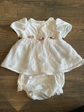 Vintage Rose Cottage White Lace Baby Dress Ribbon Rose Easter 0-3M with bloomers