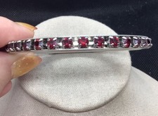 Vintage Silver Tone Costume Red Rhinestone Bangle Bracelet 8" E084