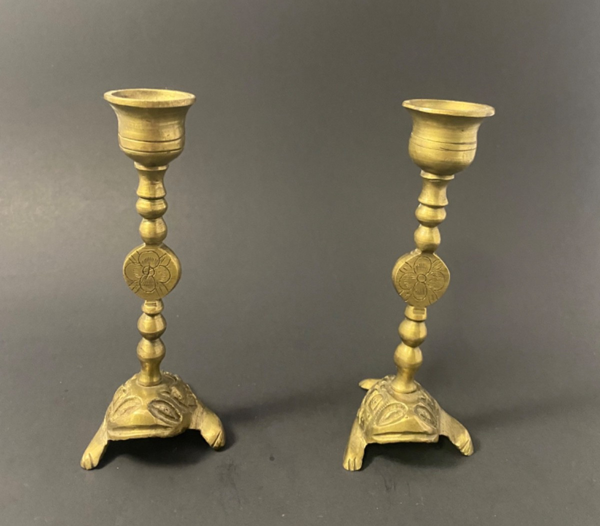 Vintage Brass Candlestick Holder Whimsical Turtle Frog Eclectic Boho Set Of 2