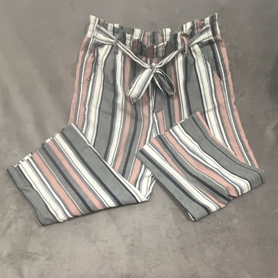 Knox Rose Women's Gray White Pink Striped Cropped Pants Drawstring Pockets