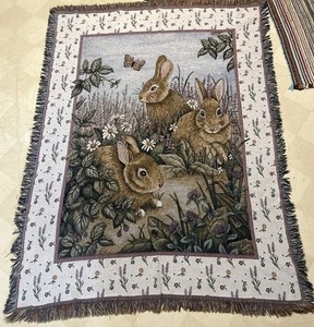 GORGEOUS VTG RABBITSBUNNIES BUTTERFLYTAPESTRY THROW 66x49