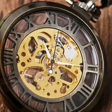 Men's Skeleton Pocket Watch Open Face Hand-Wind Mechanical Roman Numerals Gift
