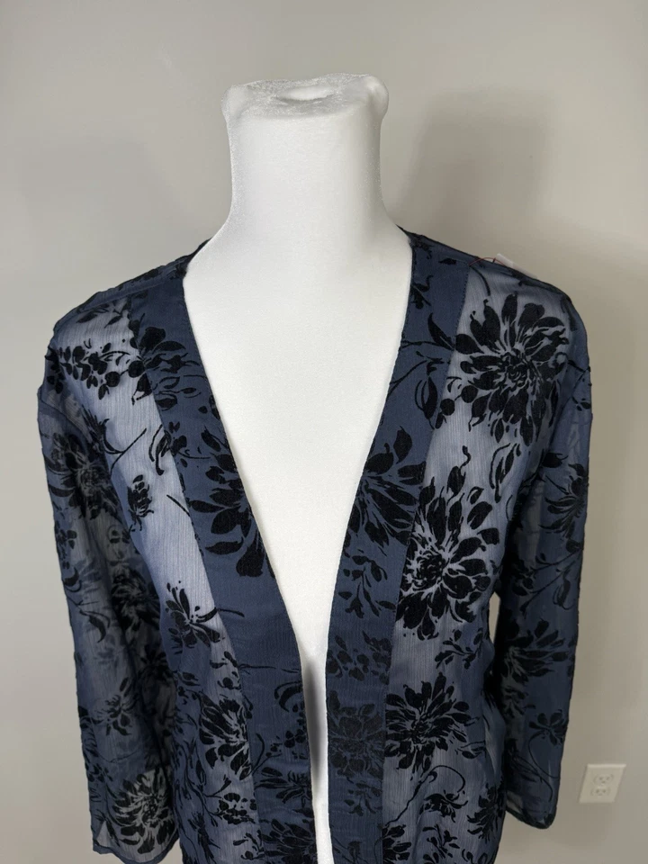 Top Chicos Mujer XL Azul Negro Terciopelo Burnout Abierto Kimono Boho Transparente Cubrimiento Foto 2 de 4