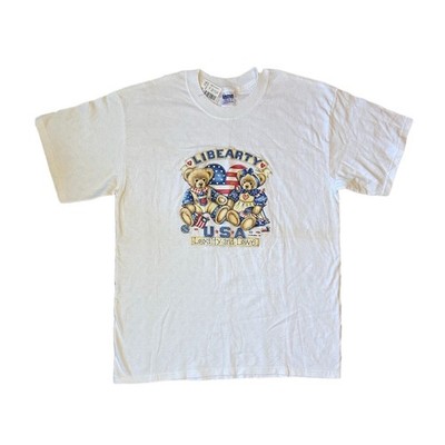 NWT Vintage Libearty Loyalty Love Teddy Bear Flag TShirt White Size L USA Gildan