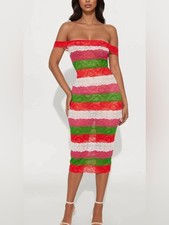Fashion Nova Off Shoulder Sunset & Siestas Lace Stripe Midi Dress Red Festive