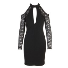 Womens Black Whimsigoth Dress Sz 10 Lace Sleeve Bodycon Keyhole Prom Hoco Event*