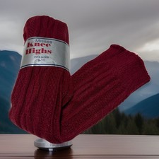 VTG Socks 80s Cable Knit Dk. Red 21" 9-11 USA Stocking School Misses Knee Highs