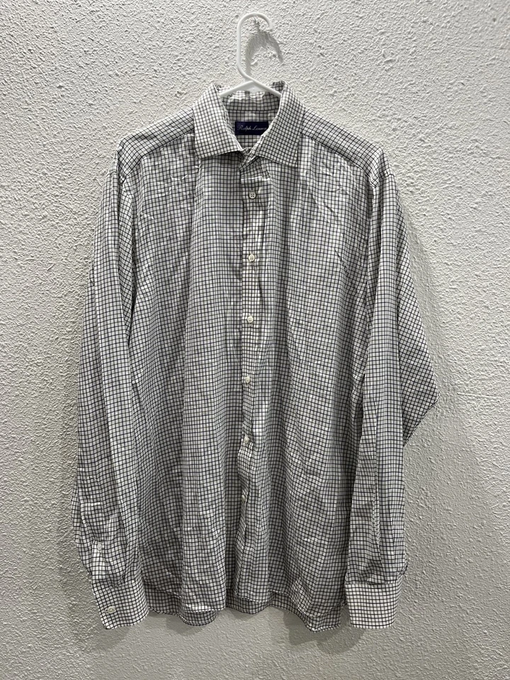 Ralph Lauren 紫色标签正装衬衫格子牛津 100% 棉意大利 16.5 码 — 第 3/4 张图片