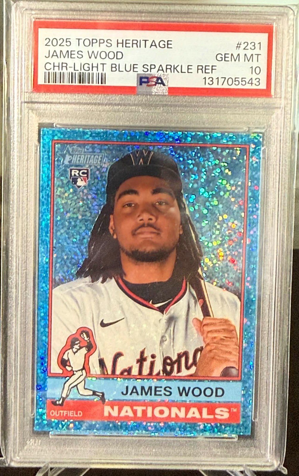 2025 Topps Heritage - James Wood #231 Chrome Light Blue Sparkle Ref. RC PSA 10