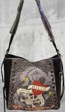 Ed Hardy Black Love Kills Slowly Studded Crossbody Rhinestone Skull Tote Bag NWT