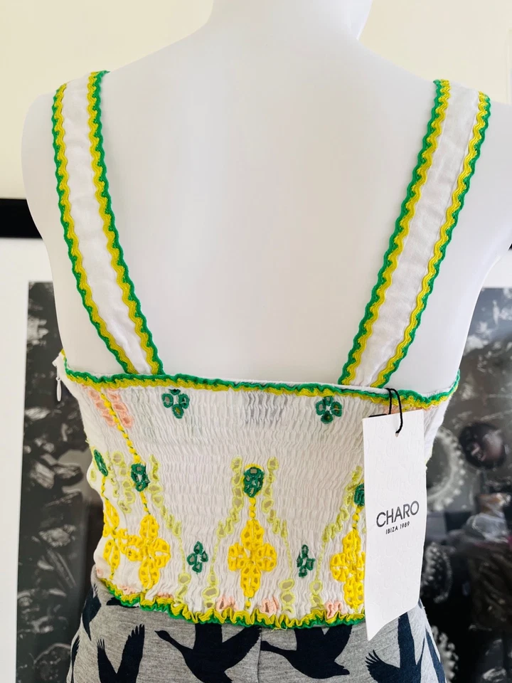 Charo Ruiz Mariel cream top floral embroidery & green ric-rac trim. RRP: £255. S - Image 3 of 4