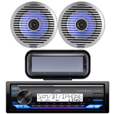 JVC KD-X38MBS 1DIN Marine Bluetooth Receiver, 2x 6.5" LED Boat Speakers, Cover