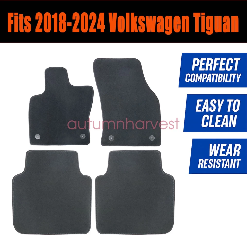 New For 2018-2024 VW Tiguan Front & Rear Velour Floor Mats Carpet Black 4PCS - Image 3 of 4