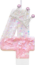 Pink Birthday Number 4 Candle for Cake, Pink Crown Cake Topper Princess Birthday