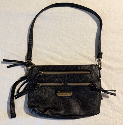 Stone Mountain USA Black Embossed Faux Leather Crossbody Shoulder Bag Multi Zip