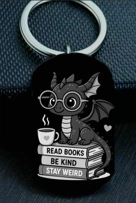 Baby Dragon Read Book Coffee Be Kind Stay Weird Funny Cute Stainless Keychain