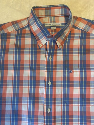 Southern Tide Classic Fit Plaid Button Down Shirt Men’s Medium Blue Coral Pink