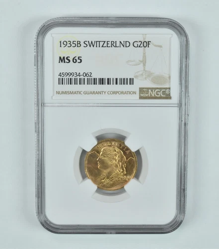 MS65 1935-B Switzerland 20 Francs - Graded NGC - Switzerland Gold Coin *873