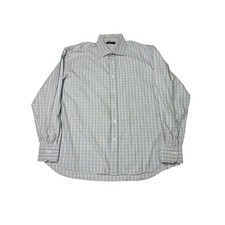 CANALI Men's Blue Checkered Dress Shirt Made in Italy Cotton Size 44 17 1/2