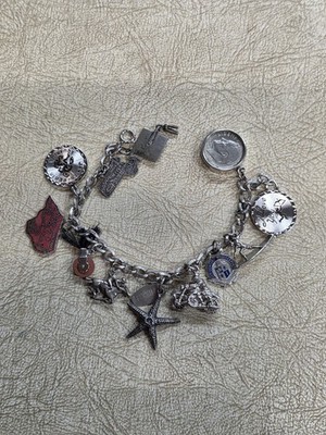 VINTAGE SEHR SCHÖNES KETTENGLIED SILBER BETTELARMBAND MIT 12 CHARMS 35g.